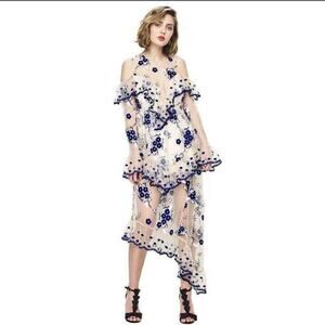 Alice McCall Dress Mirage Gown Nude Blue Low High US 4 Asymmetric Ruffle White